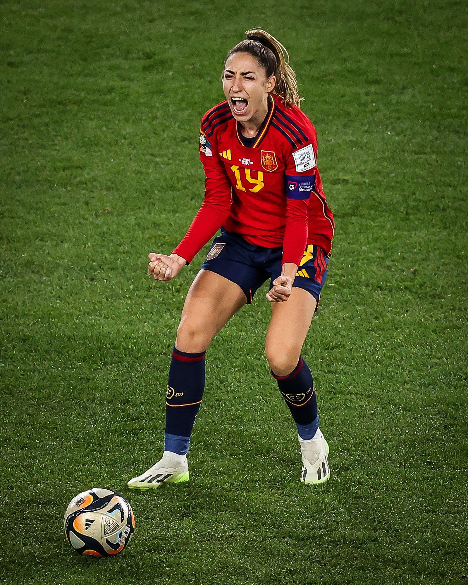 Olga Carmona celebrates her goal Credit: Getty Images