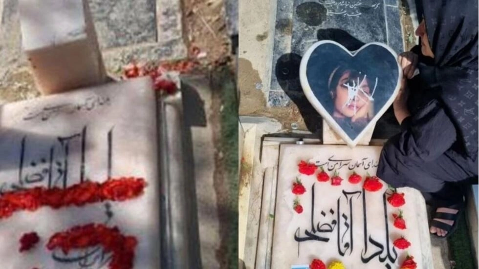 The grave of Yalda Aghafazli, a protester who committed suicide on November 11, 2022, after being detained in Iran. Her grave was vandalized in April (left) and August (right) 2023.