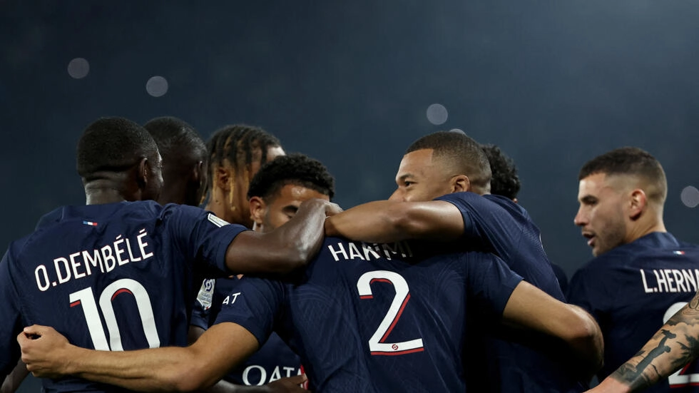 PSG players celebrate Achraf Hakimi's goal at Parc des Princes in Paris on Sunday, September 24, 2023. © Franck Fife, AFP