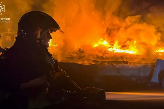 A firefighter works at a site hit during Russia's drone attacks in southern Ukraine's Odesa region on September 3, 2023 [Press service of the State Emergency Service of Ukraine in Odesa region/Handout via Reuters]